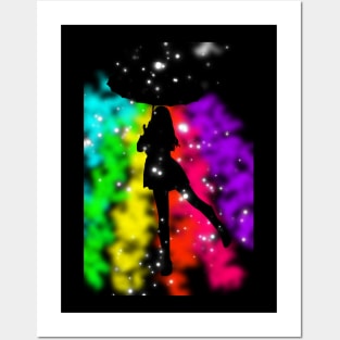 Woman umbrella rainbow rain Posters and Art